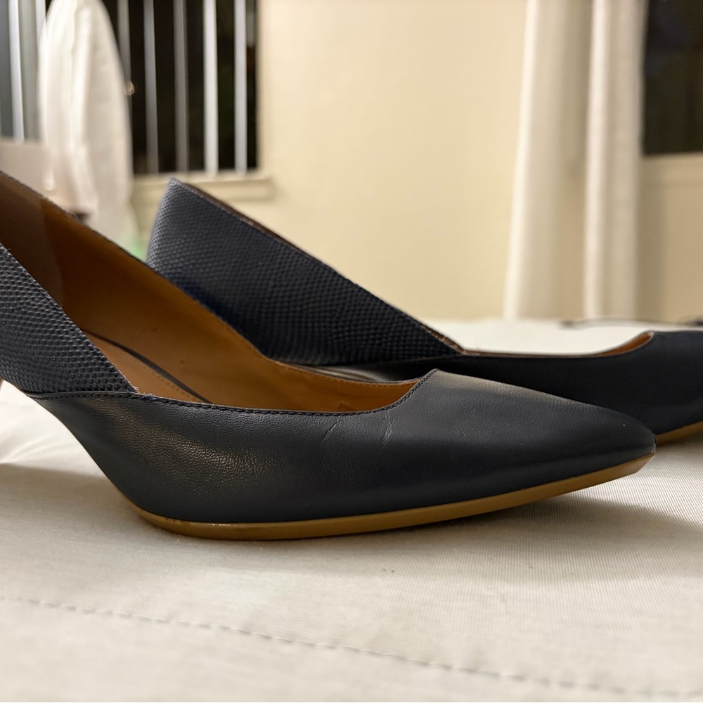 Calvin Klein Patna pump, which features a pointed toe and a textured kitten heel